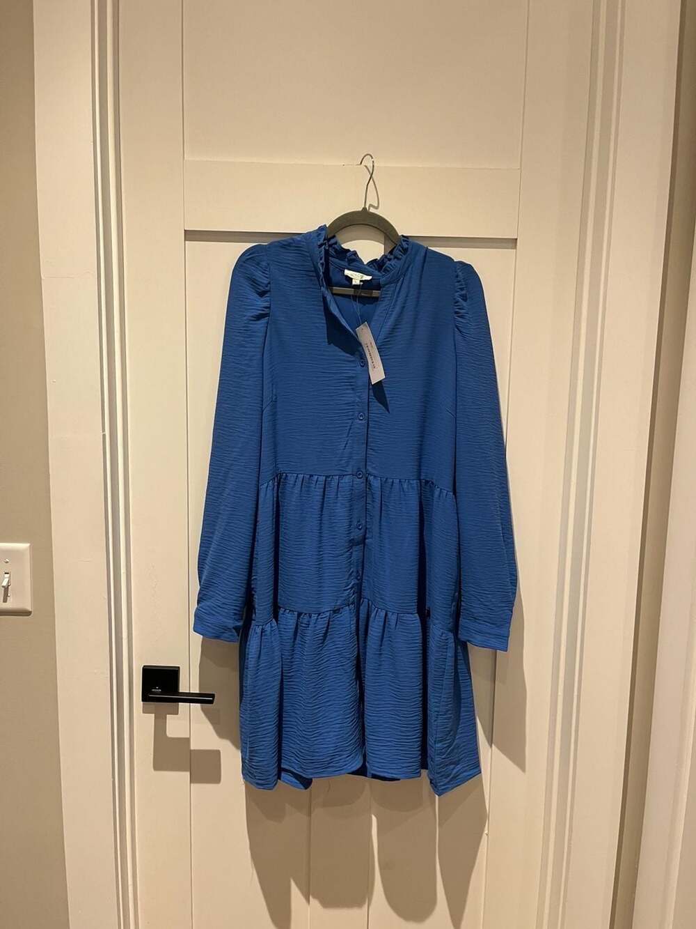 Jade Melody Tam Button Front Tiered Ruffle Neck Dress in Deep Blue